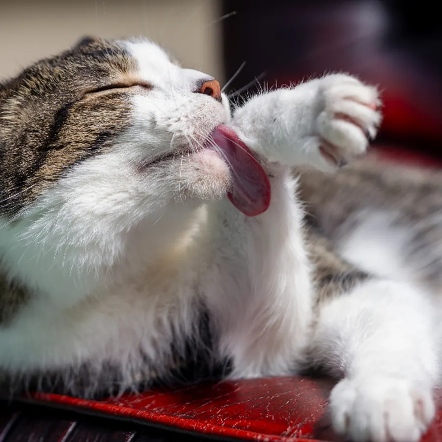 Tabby cat grooming itself